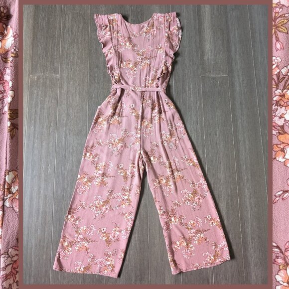 Xhilaration, Mauve Floral Cropped Jumpsuit with Ruffles, Vneck, Size S - Picture 7 of 14